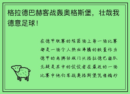 格拉德巴赫客战轰奥格斯堡，壮哉我德意足球！