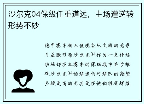 沙尔克04保级任重道远，主场遭逆转形势不妙