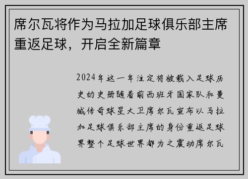 席尔瓦将作为马拉加足球俱乐部主席重返足球，开启全新篇章