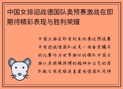 中国女排迎战德国队奥预赛激战在即期待精彩表现与胜利荣耀