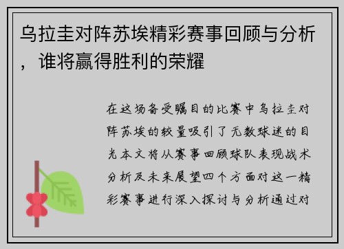 乌拉圭对阵苏埃精彩赛事回顾与分析，谁将赢得胜利的荣耀