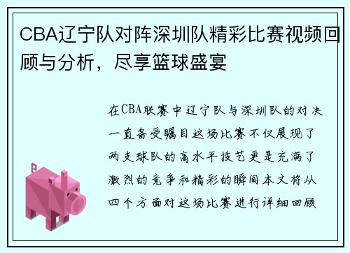 CBA辽宁队对阵深圳队精彩比赛视频回顾与分析，尽享篮球盛宴