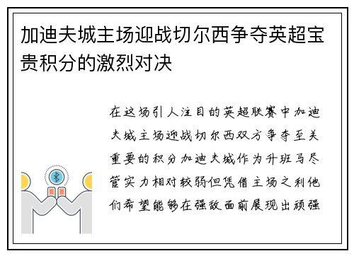 加迪夫城主场迎战切尔西争夺英超宝贵积分的激烈对决