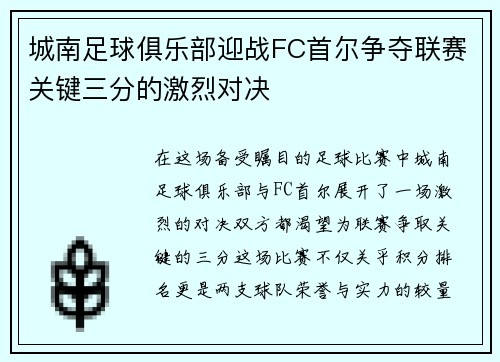 城南足球俱乐部迎战FC首尔争夺联赛关键三分的激烈对决