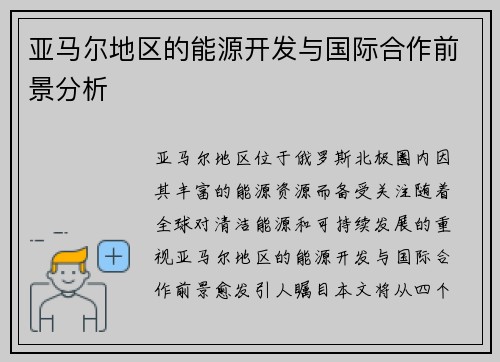 亚马尔地区的能源开发与国际合作前景分析