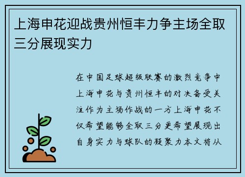 上海申花迎战贵州恒丰力争主场全取三分展现实力