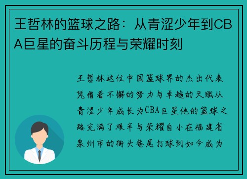 王哲林的篮球之路：从青涩少年到CBA巨星的奋斗历程与荣耀时刻