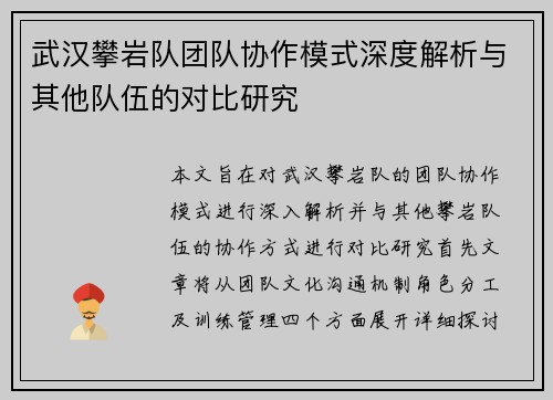 武汉攀岩队团队协作模式深度解析与其他队伍的对比研究
